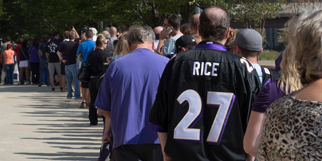 Sep 19: Baltimore Ravens fans wait in line over an hour to exchange their Ray Rice jerseys for new NFL jerseys at M&T Bank Stadium.