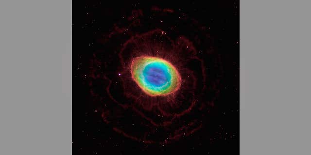 A composite image of the Ring Nebula captured using data from the Hubble Space Telescope Wide Field Camera 3 and the Large Binocular Telescope (LBT) in Arizona.