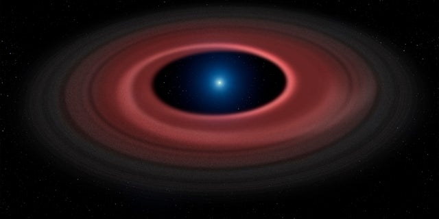An asteroid torn apart by the strong gravity of a white dwarf has formed a ring of dust particles and debris orbiting the Earth-sized burnt out stellar core. Gas produced by collisions within the disc is detected in observations obtained over 12 years with ESO’s Very Large Telescope, and reveal a narrow glowing arc. (Mark Garlick and University of Warwick/ESO)