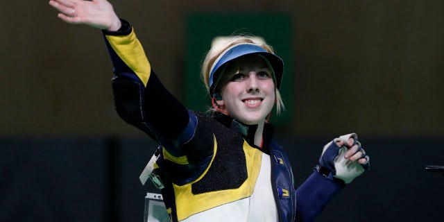 Aug. 6, 2016: Virginia Thrasher of the United States celebrates winning a shootout to secure the gold medal in the Women's 10m Air Rifle event at Olympic Shooting Center at the 2016 Summer Olympics in Rio de Janeiro, Brazil