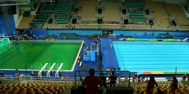 Maria Lenk Aquatics Centre - Rio de Janeiro, Brazil - 09/08/2016. General view of the Olympic diving pool (L) and the pool for the waterpolo and synchronized swimming (R). (REUTERS/Antonio Bronic)