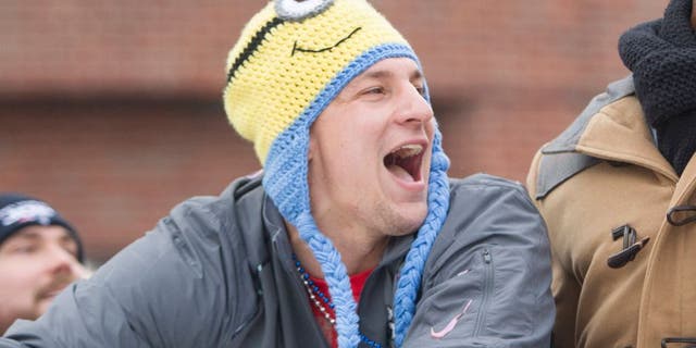 BOSTON, MA - FEBRUARY 4: Patriots tight end Rob Gronkowski yells to fans during the New England Patriots victory parade on February 4, 2015 in Boston, Massachusetts. (Photo by Scott Eisen/Getty Images)