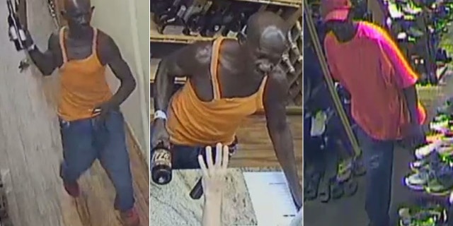 A man is wanted in connection with two violent robberies.