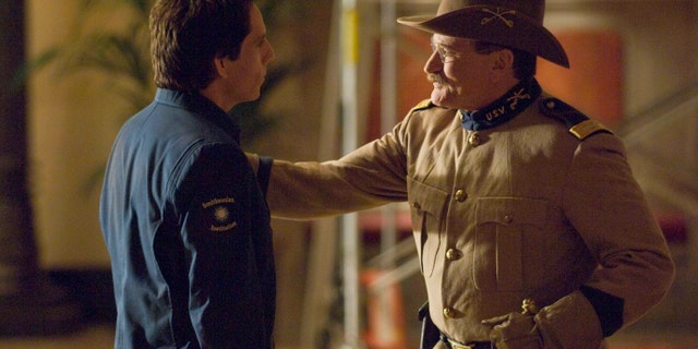 In this film publicity image released by Twentieth Century Fox, Teddy Roosevelt, portrayed by Robin Williams, right, and Larry Daley, portrayed by Ben Stiller are shown in a scene from, "Night at the Museum: Battle of the Smithsonian." Williams, whose free-form comedy and adept impressions dazzled audiences for decades, died Monday, Aug. 11, 2014, in an apparent suicide. He was 63. (AP Photo/Twentieth Century Fox, Doane Gregory)