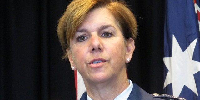 Tuesday, March 8, 2016: Gen. Lori Robinson, the commander of the Pacific Air Forces, talks to reporters at the U.S. Embassy in Canberra, Australia.