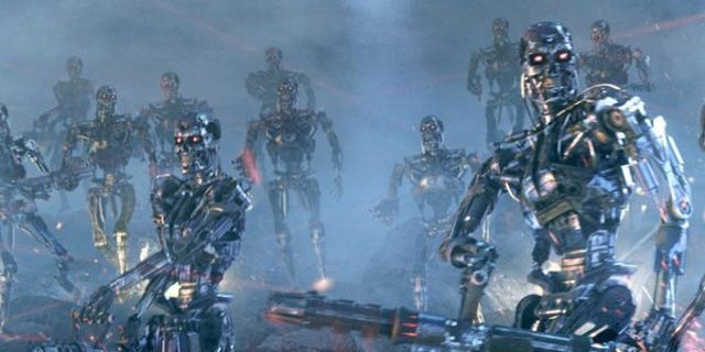 Our terrifying nemeses in the coming war of man versus machine? Terminators on the rampage in "Terminator 2: Judgement Day."