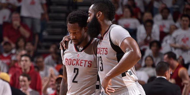 HOUSTON, TX - MAY 7: Patrick Beverley #2 and James Harden #13 of the Houston Rockets talk during the game against the San Antonio Spurs in Game Four of the Western Conference Semifinals of the 2017 NBA Playoffs on May 7, 2017 at the Toyota Center in Houston, Texas. NOTE TO USER: User expressly acknowledges and agrees that, by downloading and or using this photograph, User is consenting to the terms and conditions of the Getty Images License Agreement. Mandatory Copyright Notice: Copyright 2017 NBAE (Photo by Bill Baptist/NBAE via Getty Images)