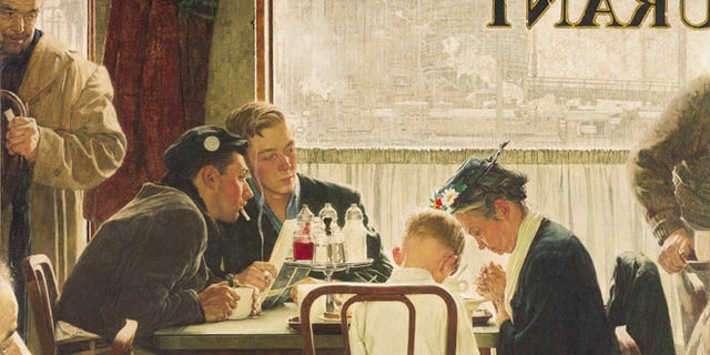 FILE: This undated file photo provided by Sotheby's shows the popular Norman Rockwell masterpiece "Saying Grace," which fetched $46 million at an auction on Dec. 4, 2013.