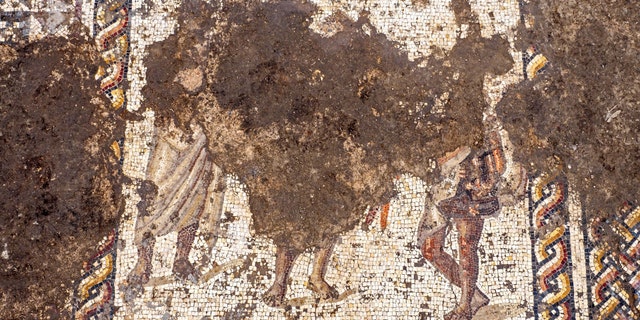 Part of the mosaic has been damaging by the construction of a Byzantine-era building. (Photo: Assaf Peretz, Israel Antiquities Authority)