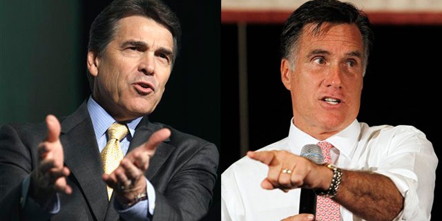 Shown here are Texas Gov. Rick Perry, left, and former Massachusetts Gov. Mitt Romney.