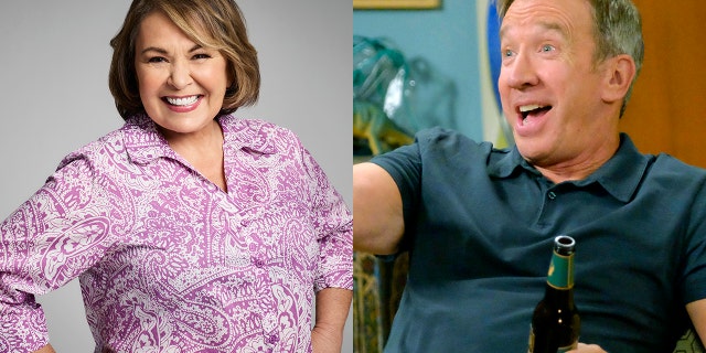 Roseanne Barr (left) said making her TV counterpart a Trump supporter made sense for the show about a working-class American family. Tim Allen (right) played played Mike Baxter who is also politically conservative on the canceled show "Last Man Standing."