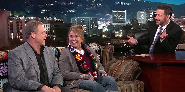 Jimmy Kimmel shows some support for Roseanne barr on social media. Here, the host interviews Barr with John Goodman back in March about the show's ABC premiere.
