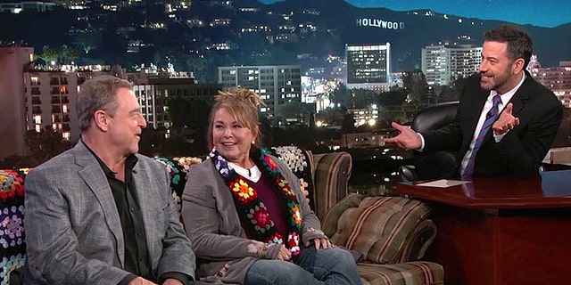 Jimmy Kimmel shows some support for Roseanne barr on social media. Here, the host interviews Barr with John Goodman back in March about the show's ABC premiere.