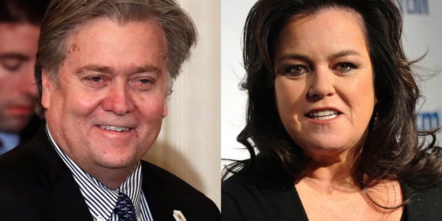 Steve Bannon, chief White House strategist to President Donald Trump, left, and comedian Rosie O'Donnell, right.
