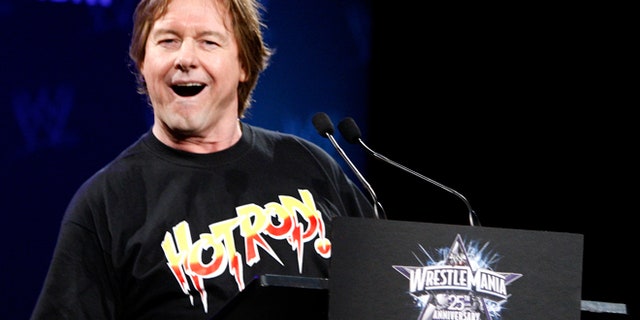 WWE Hall of Fame Wrestler "Rowdy" Roddy Piper speaks during a press conference for the 25th Anniversary of WrestleMania, as wrestler Chris Jericho (R) looks on in New York March 31, 2009. The 25th Anniversary of WrestleMania will take place at Reliant Stadium in Houston, Texas April 5. REUTERS/Brendan McDermid (UNITED STATES) - RTXDGPP