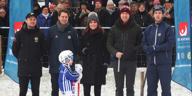 Britain's Prince William and Catherine, the Duchess of Cambridge, visit a bandy ice rink in Stockholm, during their official visit to Sweden, January 30, 2018.