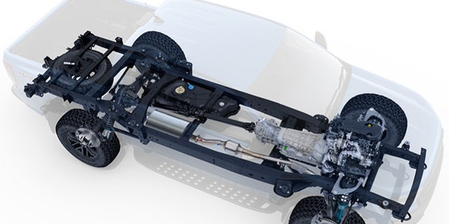 The Ranger Raptor gets a beefed-up frame, plus frame-mounted steel bumpers and tow hooks.