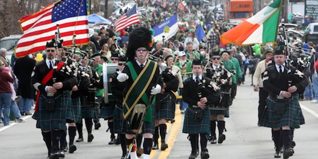 Members of theYorktown Irish Pipes and Drums Corps march in the 35th annual Northern Westchester-Putnam St. Patrick Day Parade March 13, 2011. Thousands of people lined route 6 in Mahopac to watch the parade, which is the third-largest St. Patrickâs Day parade in New York state. ( Seth Harrison / The Journal News )