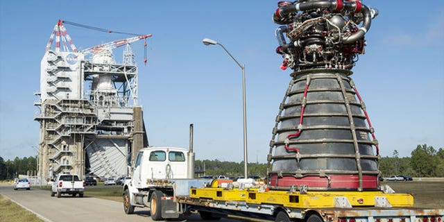 The RS-25 engine No. 2059 arrives at the A-1 Test Stand at NASA's Stennis Space Center on Nov. 4, 2015. The engine was test fired on March 10, 2016.