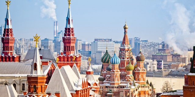 Historical Museum, St.Basil Cathedral, Red Square, Kremlin in Moscow. View from top of the Ritz-Carlton hotel.