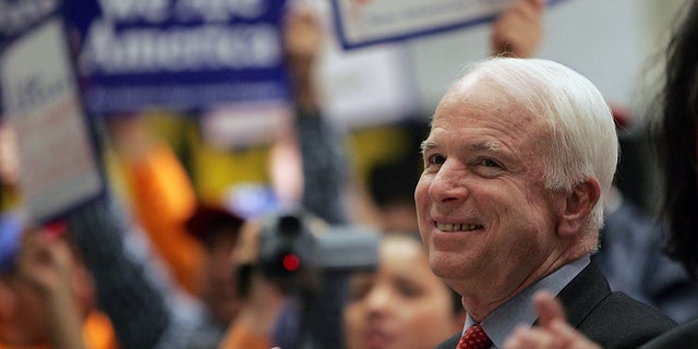 Sen. John McCain smiles during a rally in support of the 'Secure America and Orderly Immigration Act of 2005' in New York.