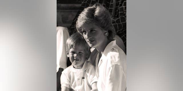 Princess Diana holds her son Prince Harry on her lap at Marivent Palace, the summer residence of the King and Queen of Spain.