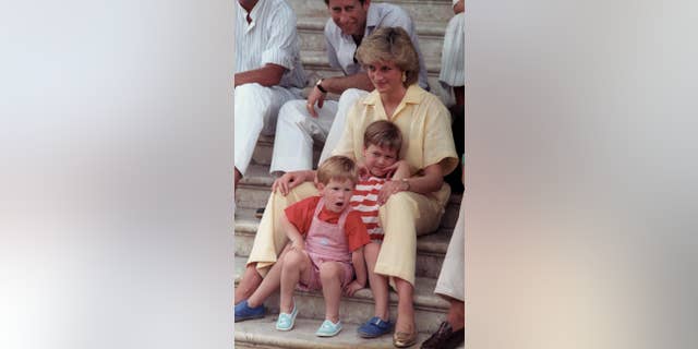 Princess Diana of Wales smiles while sitting with her sons, Princes Harry, and William, on the steps of the Royal Palace of Mallorca, Spain.