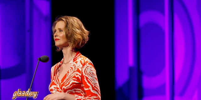 Actress Cynthia Nixon addresses the crowd during the 18th annual Gay & Lesbian Alliance Against Defamation (GLAAD) award show in New York March 26, 2007.