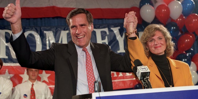 In this 1994 photo, Mitt Romney and his wife Ann thank supporters after he won the Republican nomination for Senate. Romney would lose the race to incumbent Sen. Ted Kennedy, D-Mass.
