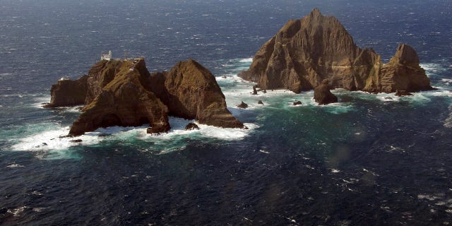 An aerial view shows a part of the group of islets known in South Korea as Dokdo and in Japan as Takeshima in the Sea of Japan.