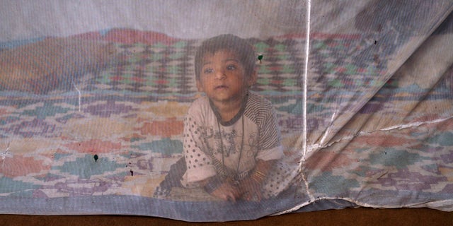 One and a half-year-old Reema sits under a mosquito net while taking shelter with her family under a bridge in Karachi October 19, 2011. REUTERS/Athar Hussain (PAKISTAN - Tags: SOCIETY) - RTR2SUMA