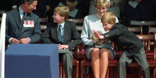 The Prince of Wales, Prince William, Princess Diana and Prince Harry attend the Heads of State ceremony in Hyde Park to commemorate the 50th Anniversary of VE Day.