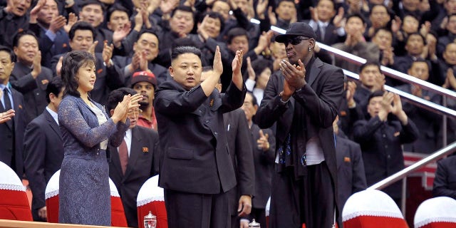 Dennis Rodman joined Kim Jong Un and his wife, Ri Sol Ju, for an exhibition basketball game in Pyongyang.