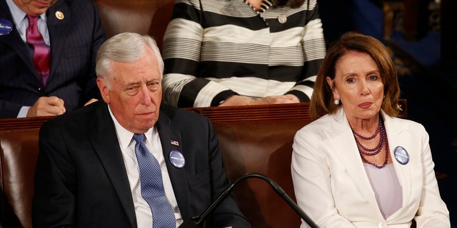 President Trump Addresses Joint Session of Congress in Washington, D.C., Feb. 2, 2017 as House Minority Whip Steny Hoyer and House Minority Leader Nancy Pelosi listen.