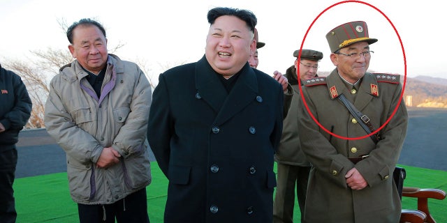 Kim Rak-gyom (circled) is pictured with Kim Jong Un in March 2017. South Korean newspaper Chosun Ilbo said the commander joined Kim in the visit to the military base.