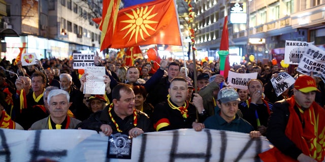 Protesters demonstrate against an agreement that would ensure the wider official use of the Albanian language, in Skopje, Macedonia March 9, 2017.