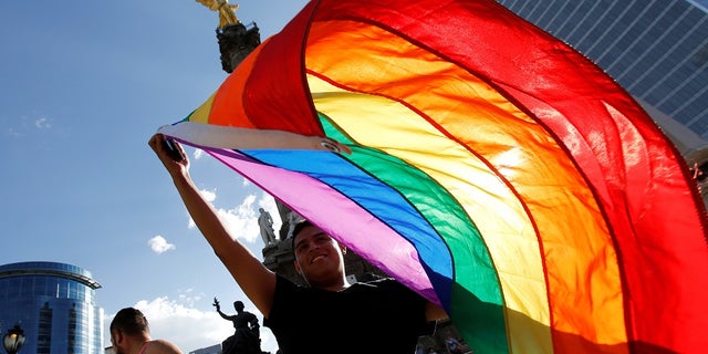 A member of the LGBT community, holds up a rainbow flag during a protest against the constant discrimination and violence against their community, at the Angel of Independence monument in Mexico City, Mexico June 23, 2017