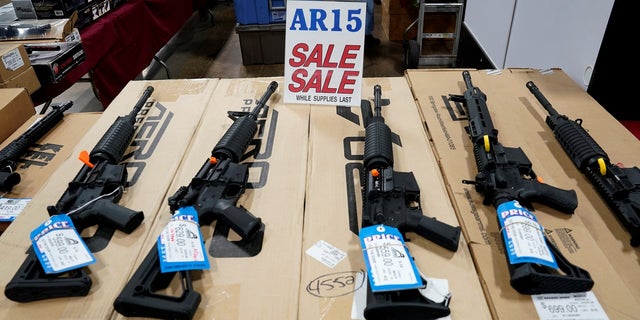 AR-15 rifles are displayed for sale at the Guntoberfest gun show in Oaks, Pennsylvania.