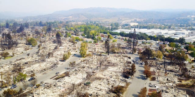 An aerial image taken from a drone shows the destruction caused by the fires in Santa Rosa
