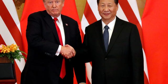 FILE -- President Donald Trump and China's President Xi Jinping make joint statements at the Great Hall of the People in Beijing, China, November 9, 2017.