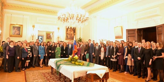 Staff at Russia's Embassy attend a reception hosted by ambassador Alexander Yakovenko for the 23 diplomats who are being expelled by Britain's government after former Russian intelligence officer Sergei Skripal and his daughter Yulia were poisoned with a nerve agent in Salisbury.