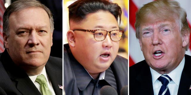 A combination photo shows Mike Pompeo, left, North Korean leader Kim Jong Un and President Trump. (Reuters)
