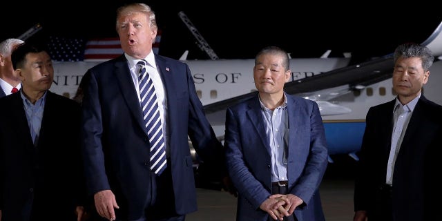 President Trump with the three Americans after being freed from detention in North Korea.
