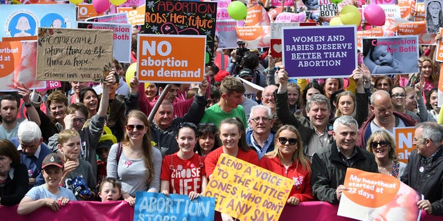 Demonstrators take part in a pro-life rally ahead of Ireland's vote.