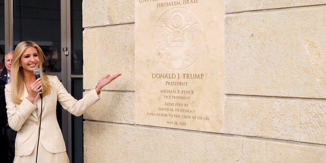Senior White House Adviser Ivanka Trump gestures as she stands next to the dedication plaque at the U.S. embassy in Jerusalem, during the dedication ceremony of the new U.S. embassy in Jerusalem.