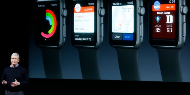 Apple CEO Tim Cook speaks about the Apple Watch during an event at the Apple headquarters in Cupertino, California March 21, 2016.
