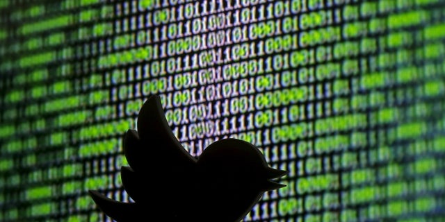 A 3D printed Twitter logo is seen in front of a displayed cyber code in this illustration taken March 22, 2016.