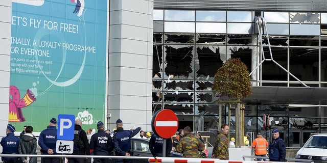 Windows of the terminal at Brussels national airport are broken following bomb attacks in the metro and airport in 2016.