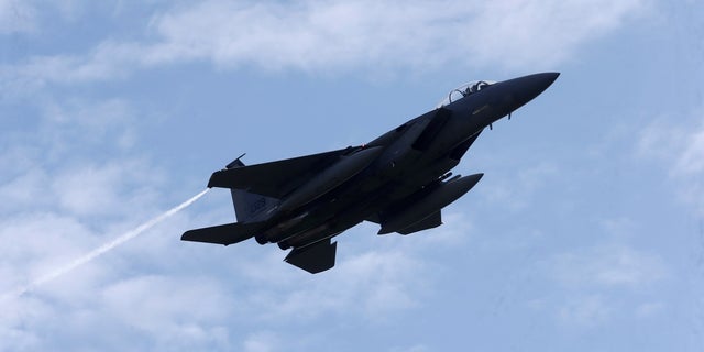 An U.S Air Force F-15 Eagle fighter flies during a certification of the arresting gear last May. The same type of fighter jet shot down an Iranian drone on Tuesday in southern Syria. (Reuters)