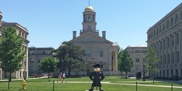 School mascot Herky the Hawk in front of the Old Capitol Museum at the University of Iowa.